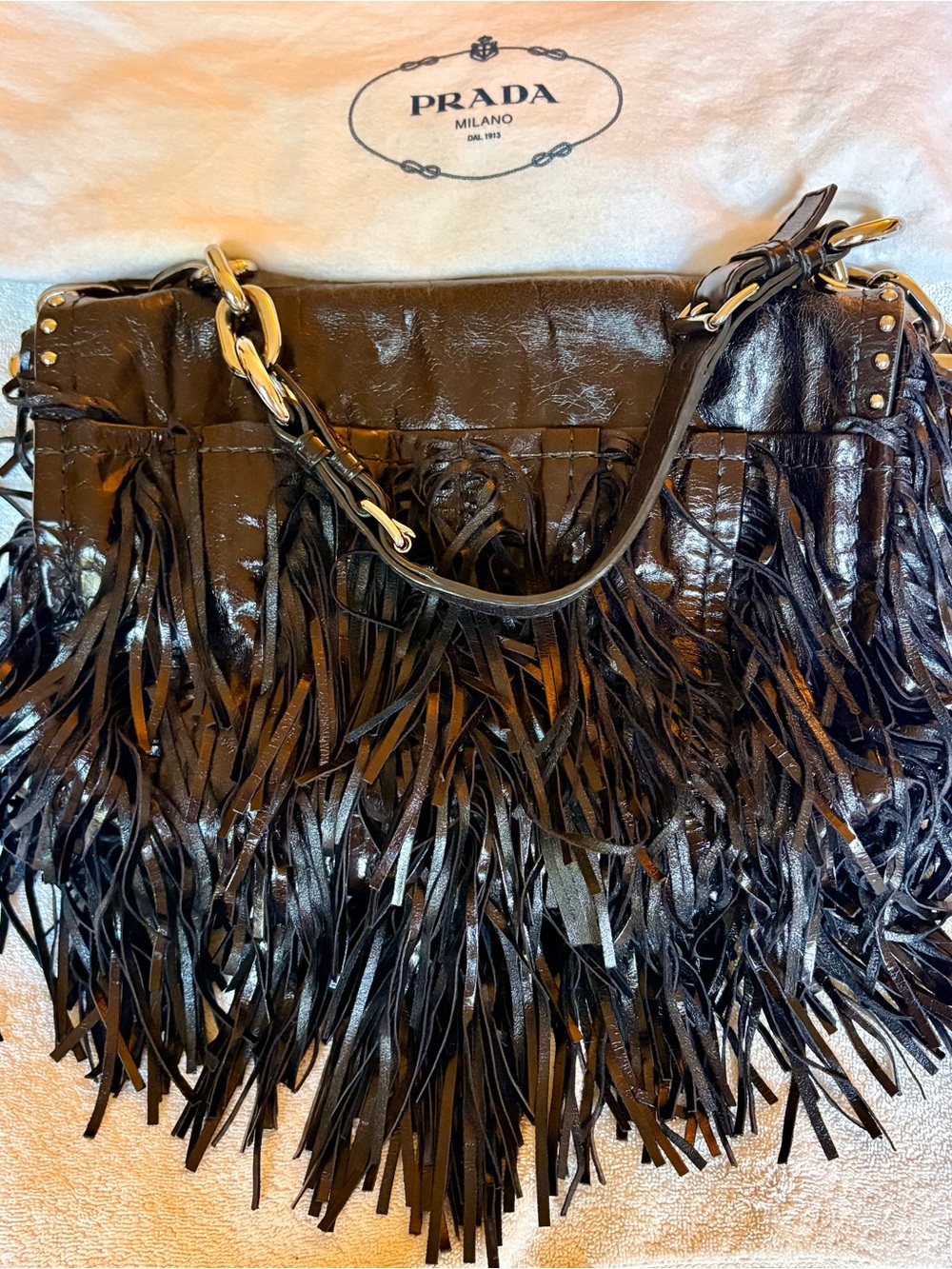 Prada Black Leather Fringe Shoulder Bag with Silver Hardware - Picture 7 of 9